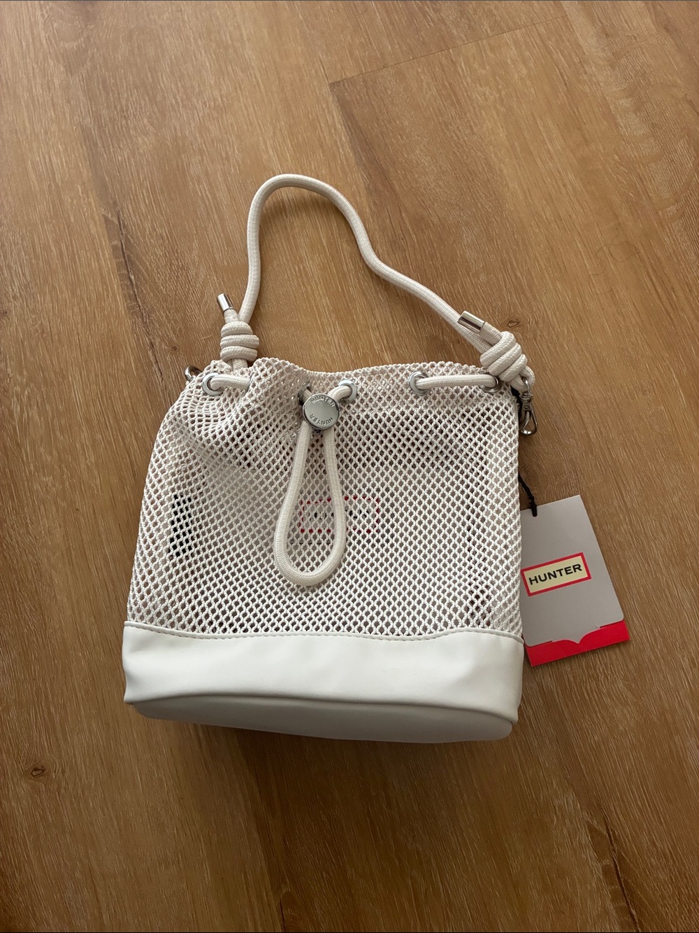 Hunter Cream Mesh Drawstring Bucket Bag
